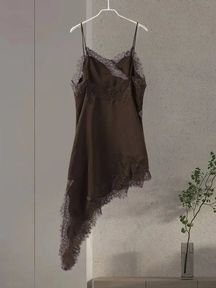 Sexy Sling Satijnen Jurk Vrouwen V-hals Backless Patchwork Kant Vestidos Vrouwelijke 2025 Zomer Chic Mode Avond Jurken