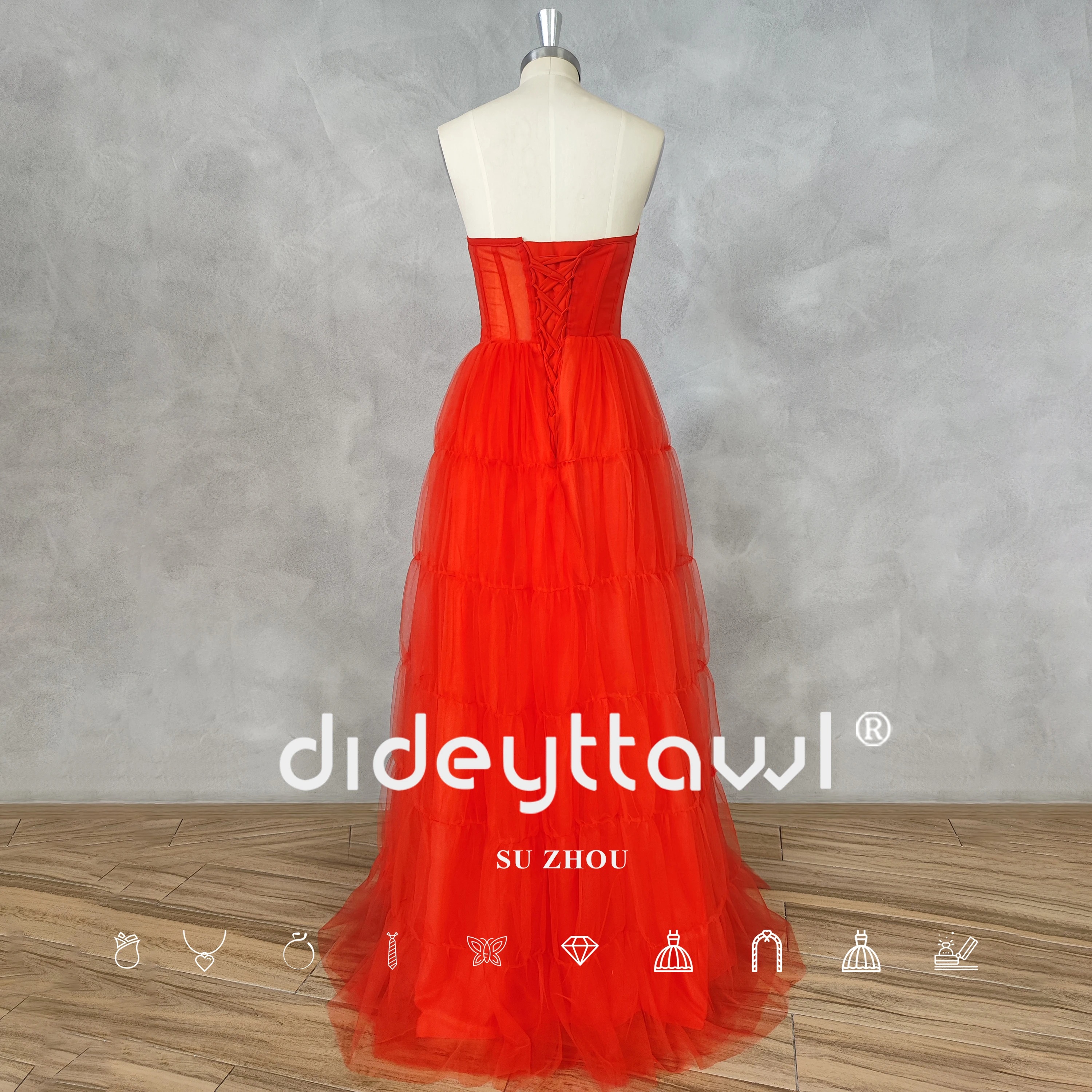 DIDEYTTAWL Real Photos Sleeveless Strapless Tulle Prom Dress A Line Lace Up Back Floor Length Evening Gown Custom Make