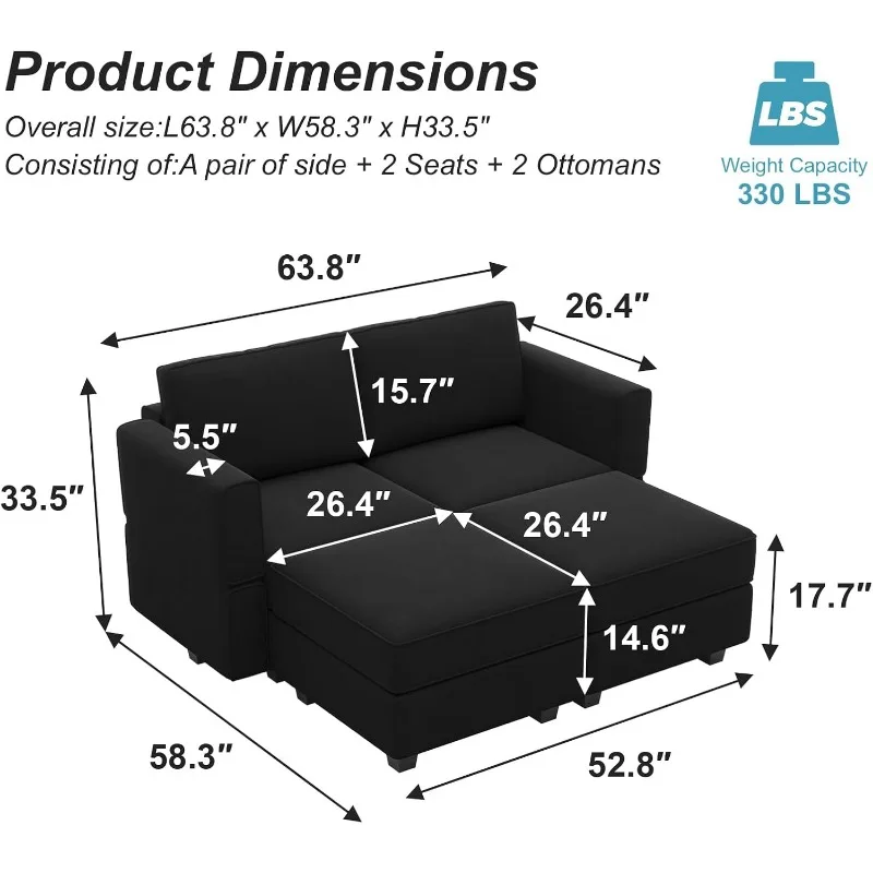 L-Shaped Sofa with Reversible Chaise Longue with Footstool Modular Sofa with Storage Black