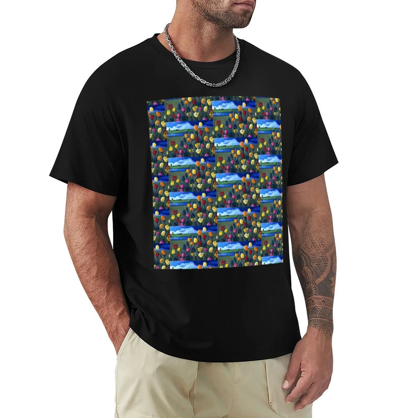 Dutch Tulips, Flowers, Original Floral Painting, Holland, Windmill T-Shirt Basic All Season Solid T-Shirt