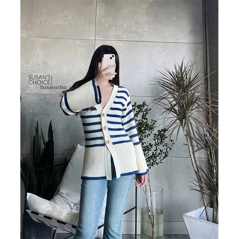 

Susan Faionable Autumn Commute Casual Striped Blue White Long Sve Woolen Open Cardigan Women's V Ne Button up Knitwear