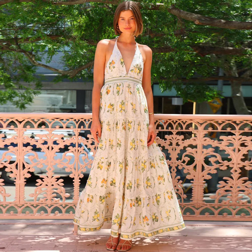 

Women Deep V Neck Floral Print Sleeveless Strap Linen Spring Summer A Line Long Dress