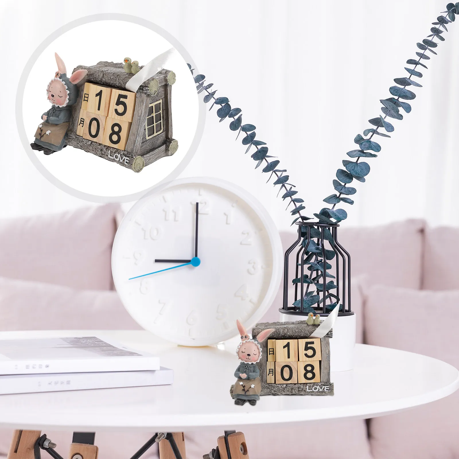 

Adorable Cartoon Rabbit Wooden Calendar Desk Ornament Reusable Rustic Block Date Counter Lightweight Portable Desktop Calendar