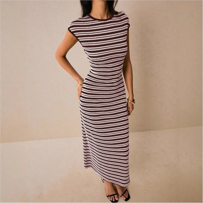 2026 Casual Dress Summer Vestidos Dresses Vestido Woman Contrast Striped Round Neck Fashion Temperament Simple Style All-match