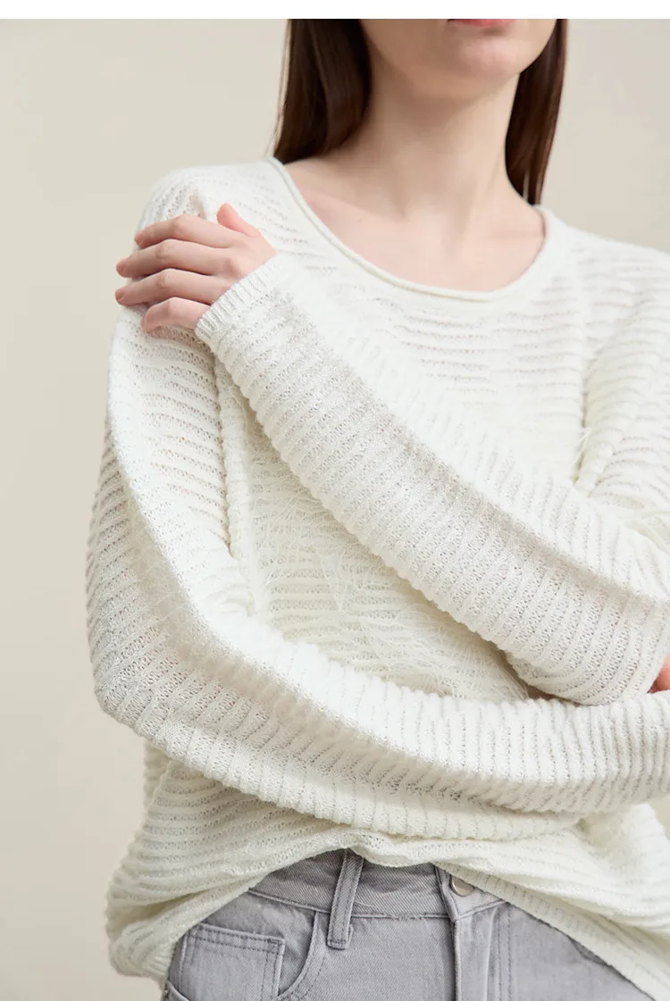 Amii Strickpullover 2026 Herbst Neu Rundhals Drop-Shoulder-Ärmel Pullover Damen Spitzen-Patchwork Einfarbiges Oberteil 12621093 – Detail 12