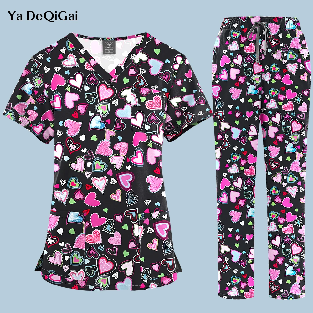 Cute Love Printed Scrubs Top Pockets Straight Pants Medical Doctor Nurse Surgical Uniforms Beauty Spa Wear Clinical Nursing Suit