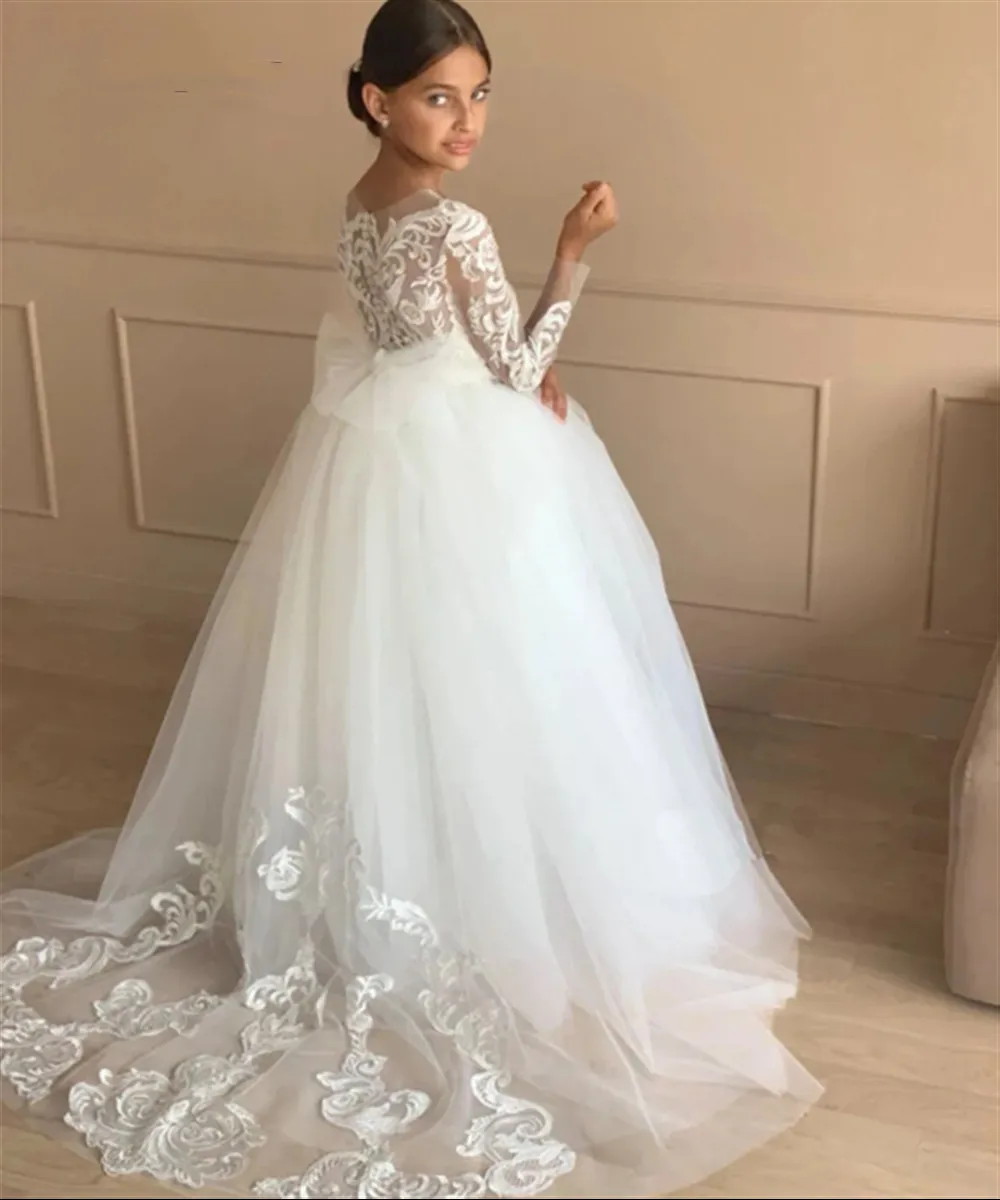 

Customized Elegant Flower Girl Wedding Dress Appliques With Bow Long Sleeve Princess Birthday Evening Party Holy Communion Gown