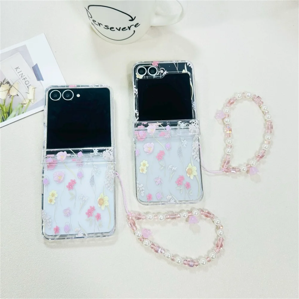 Spring Girly Pastel Floral Print Clear Phone Case for Samsung Galaxy Z Flip 7-3 Pink Flower Charm Bead Strap Protective Cover