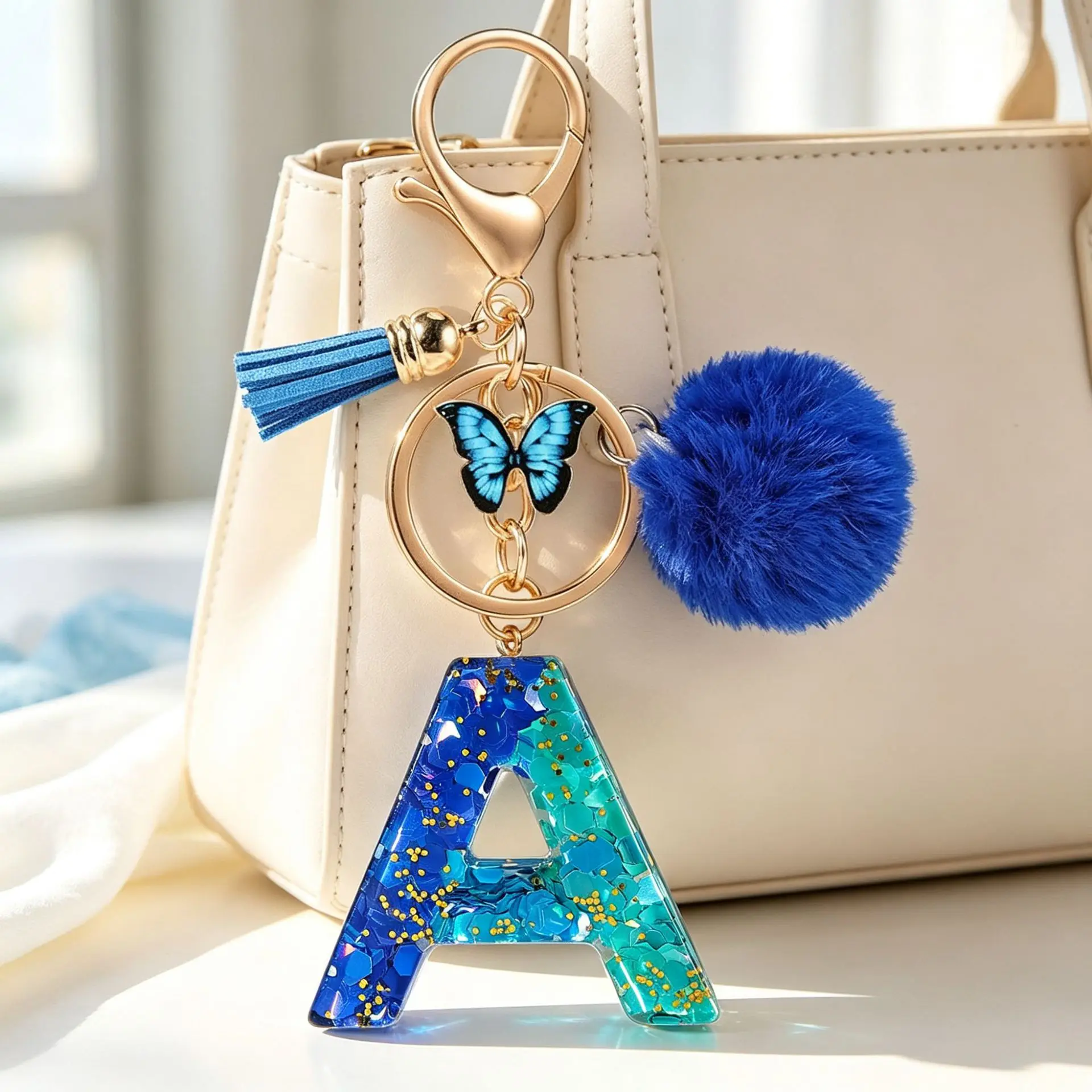 Epoxy Letter Keychain with Pom Pom Tassel Butterfly Charm for Women Bag Pendant DIY Clothing Accessory Decoration