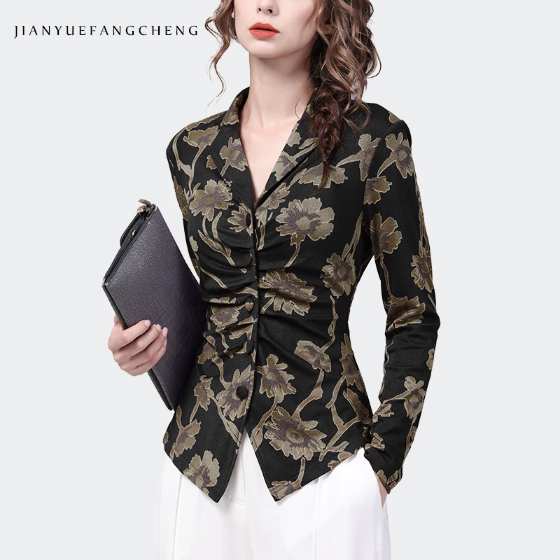 Women Long Sleeve Suit Collar Stretching Knit Shirt Sexy Skinny Single-Breasted Top 2022 Autumn Vintage Casual Jacquard Blouses