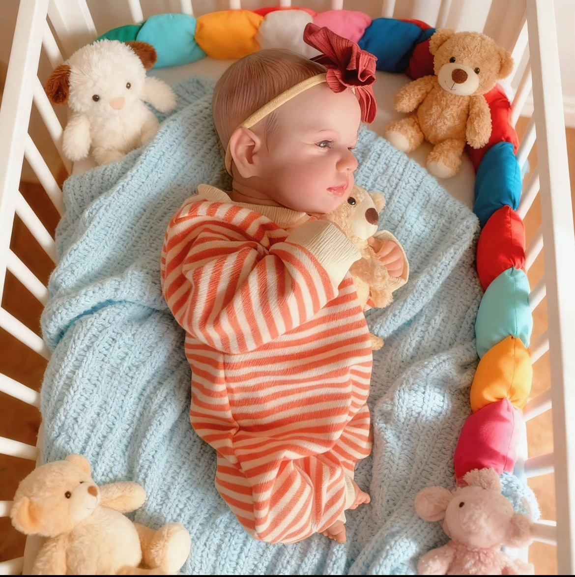 편안한 줄무늬 점프수트와 리본을 입은 사랑스러운 19인치 리본 인형, 현실적인 눈을 뜬 부드러운 몸을 가진 일상의 연인