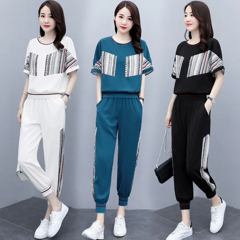 Sweat Suits For Women Two Set 2022 Spring And Summer New Fashion Casual Korean Clothes Short Sleeve Top Pants Women\'s Tracksuit