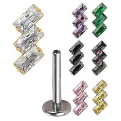ASTM F136 Titanium Ear Studs PIERC EAR Thread 3 Bezel Set Rectangles CZ Top EARRING Labret Lip Stud Tragus Helix Body Piercing