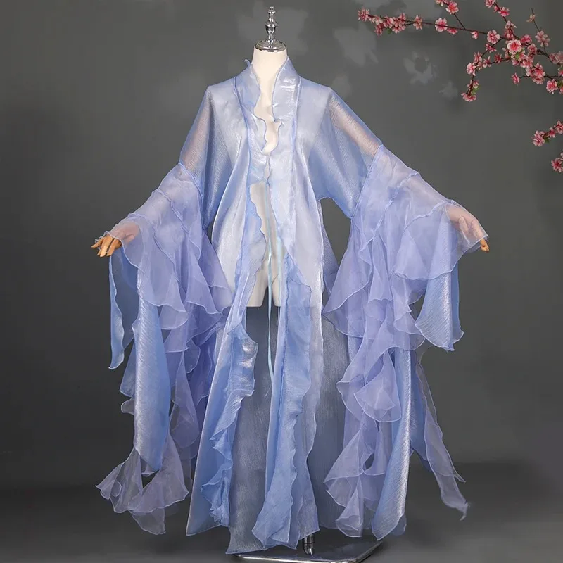 Chinese Ancient Gorgeous Hanfu Overcoat Cardigan Women Elegant Fairy Chiffon Petal Sleeve Cloak Dance Princess Cosplay Costume