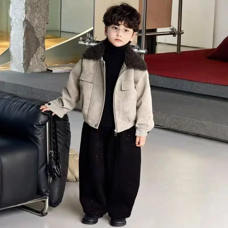 

Boys' Outerwear Children's Autumn and Winter New Item Fur Collar Retro Hong Kong style Jacket Boys' Plus Velvet Cotton Jacket