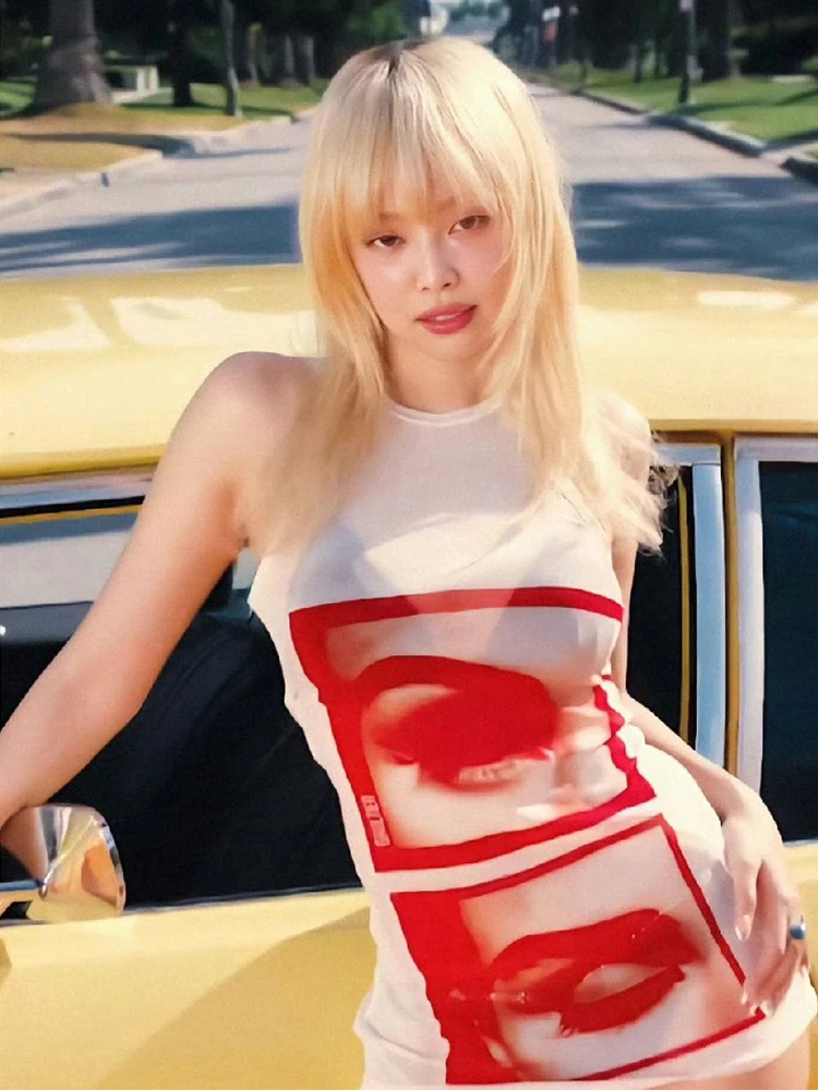 

Sexy Girl Jennie Red Lip Print See tough round Ne Svel Dr Women's Faion High Waist Polyester Summer Dr