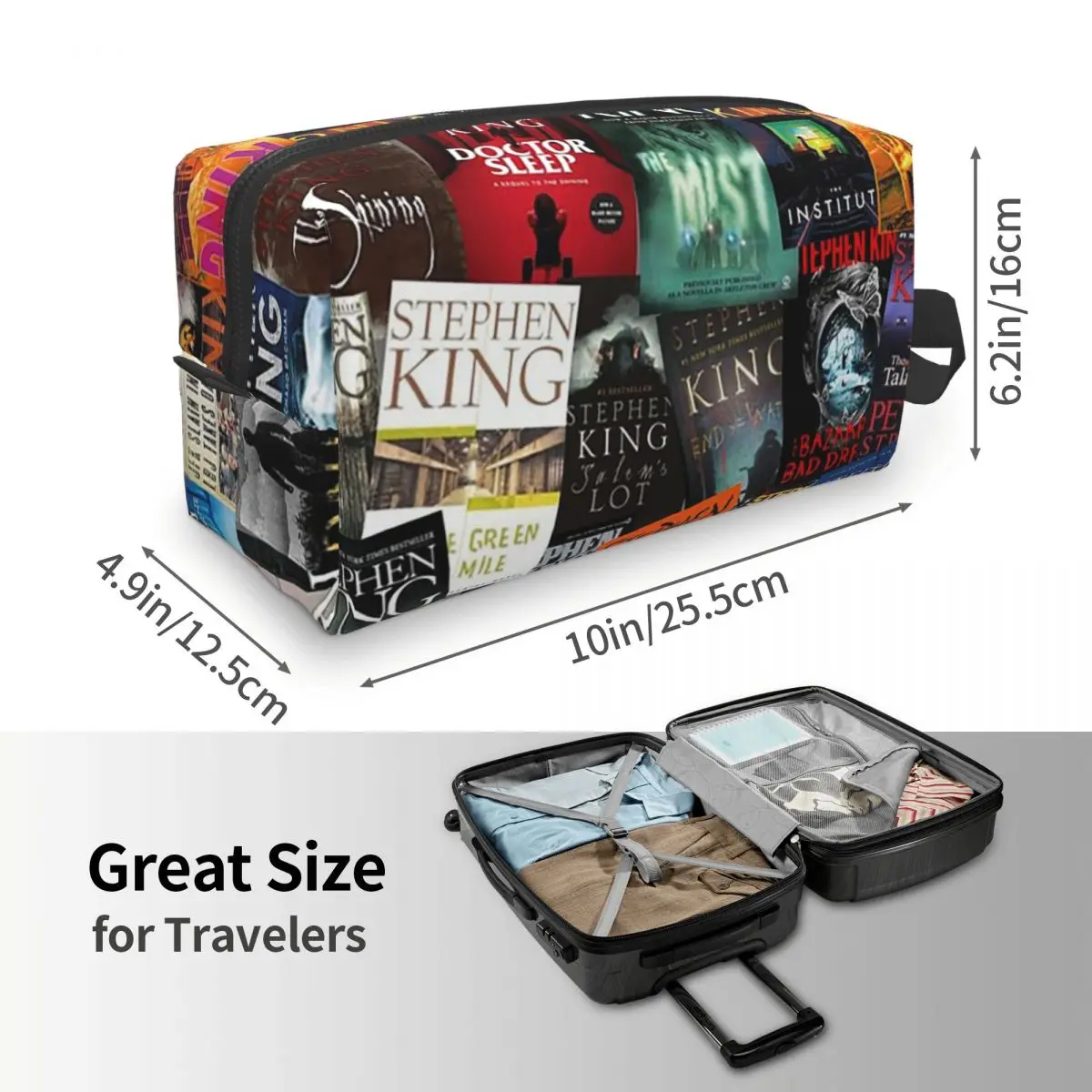 Stephen King Book Covers, Horror Bookworm Makeup Bag Cosmetic Organizer Storage Dopp Kit Toiletry Cosmetic Bag for Women Beauty