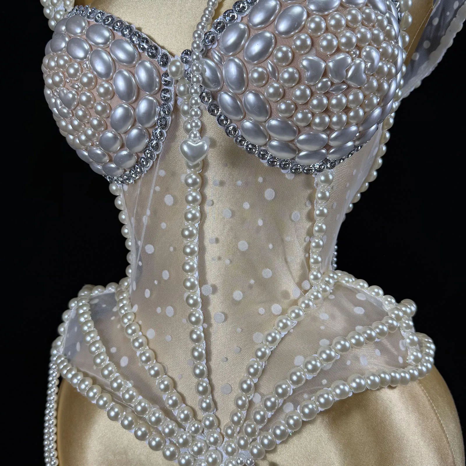 NEW GOGO White Pearl Show Girl Stage Sexy Women Nightclub Party Birthday Crop Tops Wear Singer Performance Drag Queen Costumes