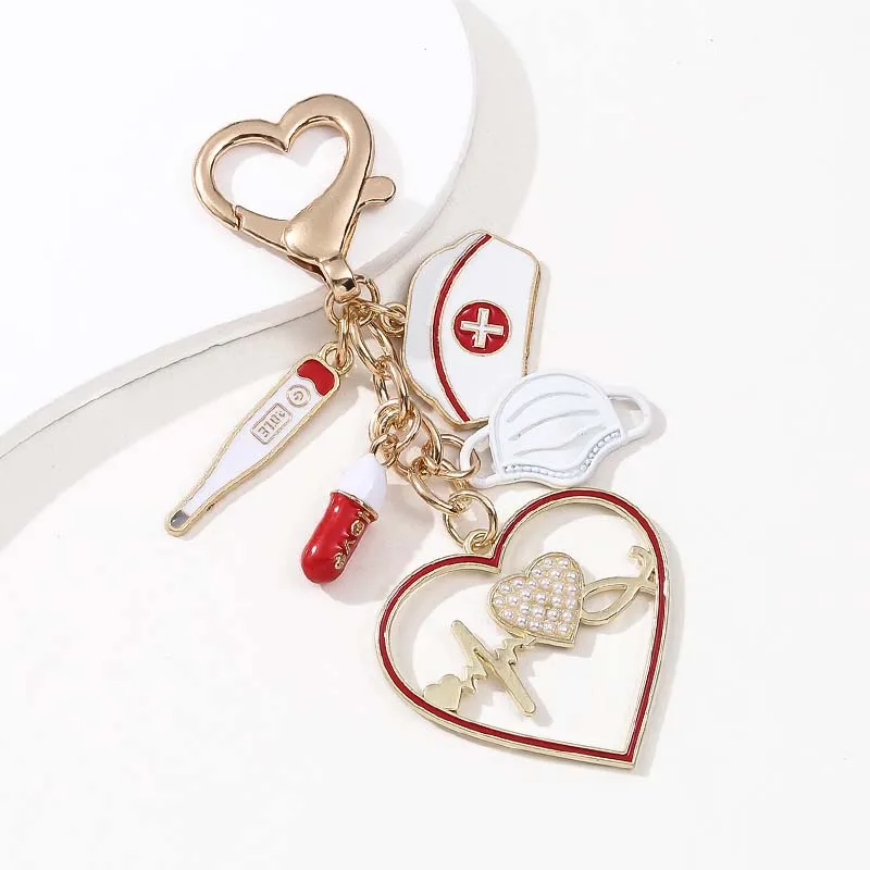 1pc Pretty Pill Heart Temperature Mask Enamel Keychain Medical Series Key Ring For Nurse Doctor Handmade Good Gift Jewelry