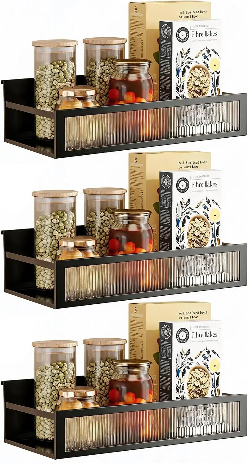 Magnetische keukenorganizer, geen boren nodig, 3-delige set, zwart, van koolstofstaal, voor de koelkast, kruidenrek, potjes, keuken