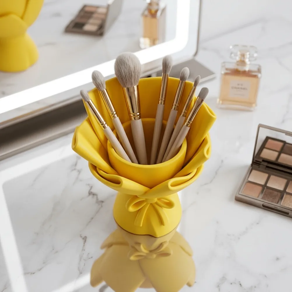 Kawaii Flower Bouquet Pen Holder 3D Printing Sweet Bow Pencil Container Desk Makeup Brush Stand Office Stationery Storage Rack