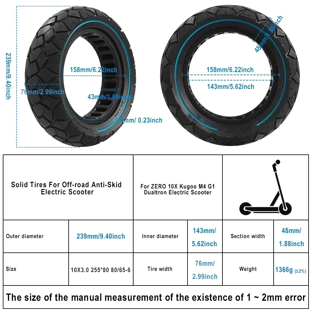 80/65-6 255X80 Electric Scooter Blast Proof Solid Tire for ZERO10X & Kugoo M4 G1 Dualtron Kickscooter Replacement Tires