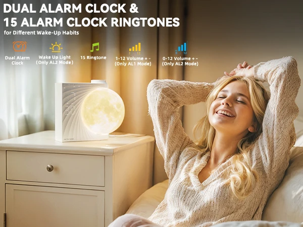 Moon Lamp Night Light Sunrise Alarm Clock Wake Up Light with White Noise Sound Machine, Dual Alarms for Heavy Sleepers, 10 RGB Night Light & Sleep Timer, Wood Grain Desk Clock for Bedroom