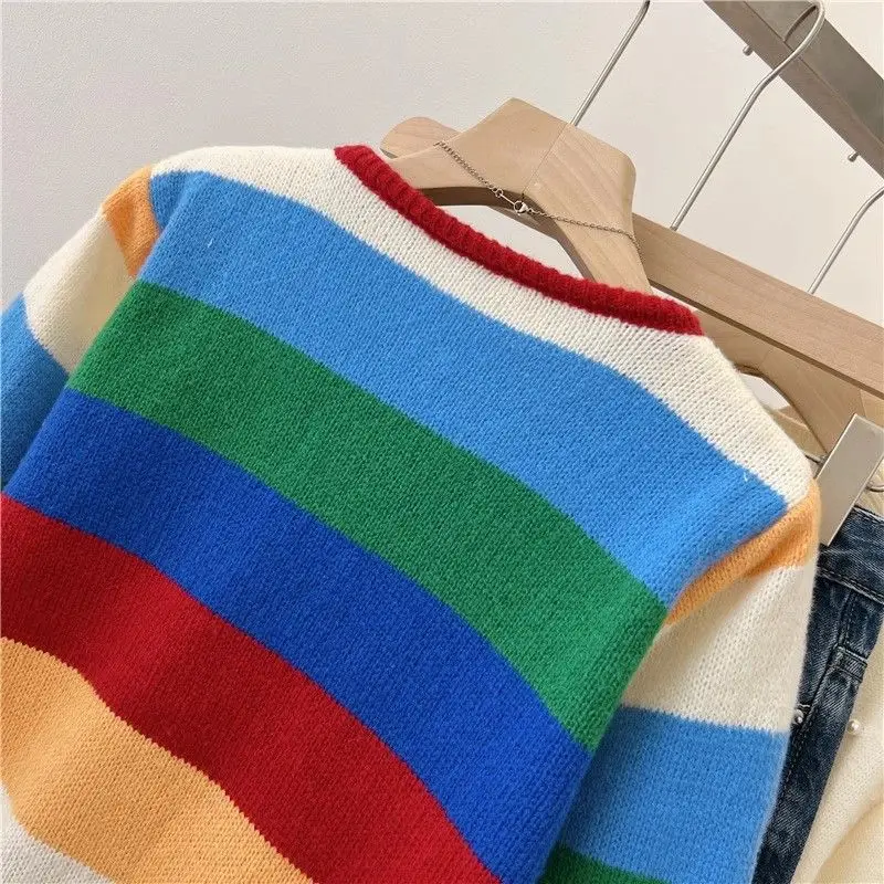 Autunno donna Trendy Vintage Rainbow Striped Chic Button Cardigan lavorato a maglia femminile Casual O collo manica lunga cappotto maglione Outewear