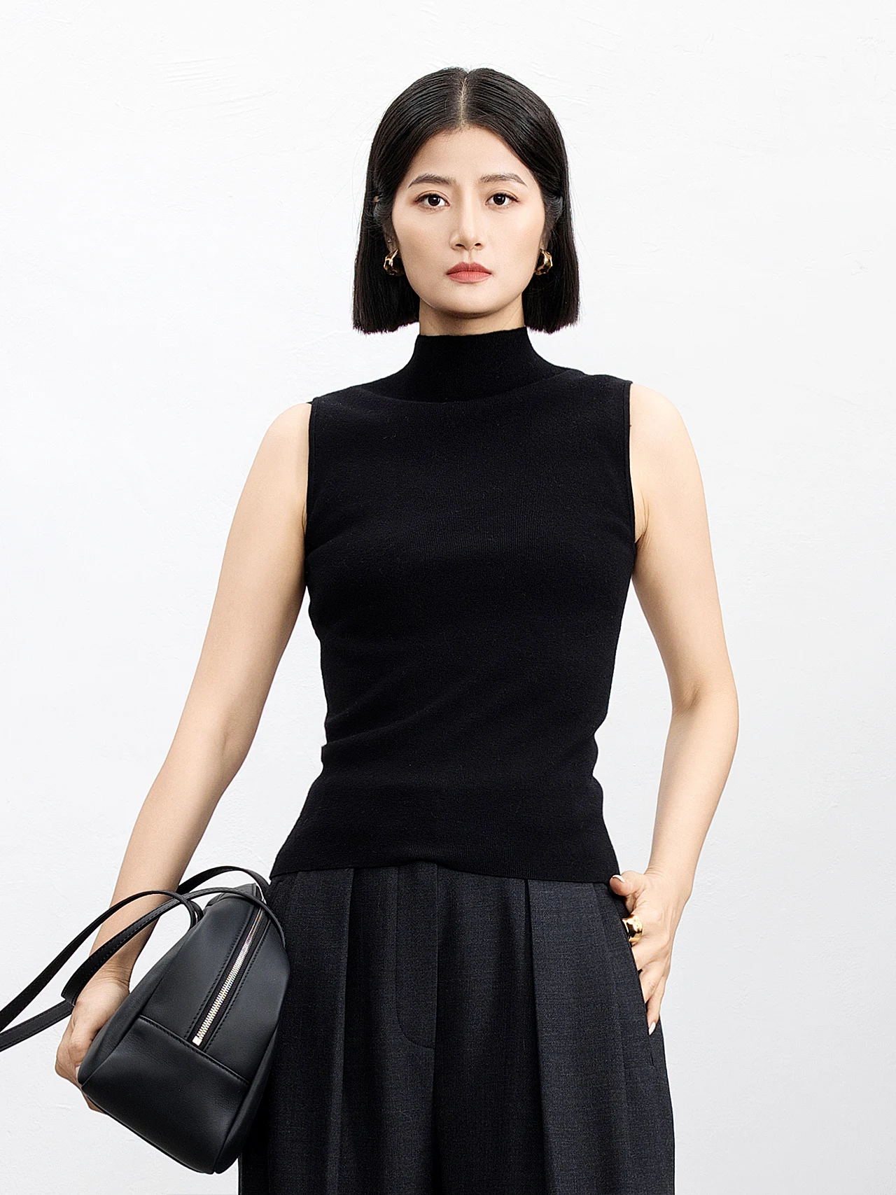 

Элитный шерстяной вязаный жилет с высоким воротником для женщин, весенний, приталенный, базовый слой, однотонный, T-23683