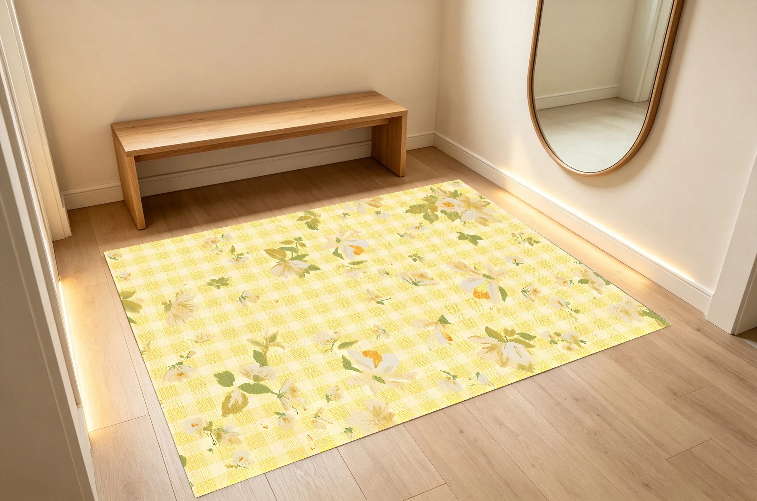 Creamy Yellow Plaid Floral French Velvet Rug, Gentle Spring Decor for Bedroom, Bay Window & Living Room