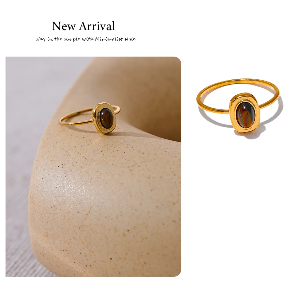 Yhpup Mode Naturstein Edelstahl Oval Dünn Chic Ring Frauen 18K PVD Überzogene Wasserdichte Schmuck Zubehör Geschenk – Detail 5