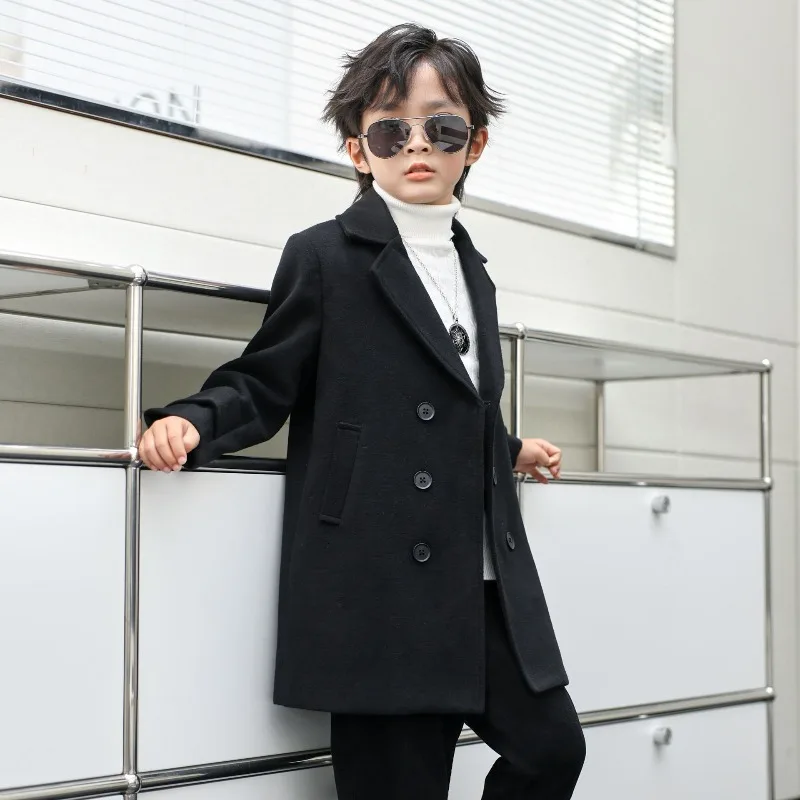 OLEKID Jungen Herbst Winter Doppelreihiger Mantel Kinder Einfarbige Wolljacke Kinder Oberbekleidung Kleinkind Teenager Überziehmantel 2-14 Jahre – Detail 8