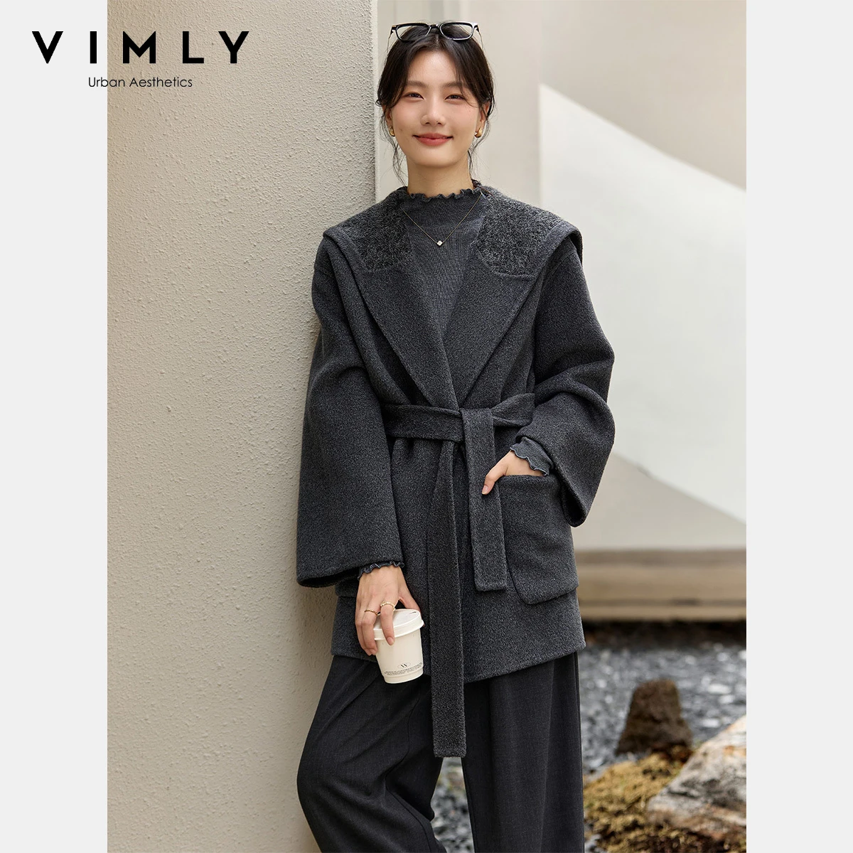

VIMLY женское серое полушерстяное пальто, повседневное зимнее пальто 2025, новое пальто большого размера с матросским воротником, рабочая одежда, куртки миди с завязками и поясом 50867