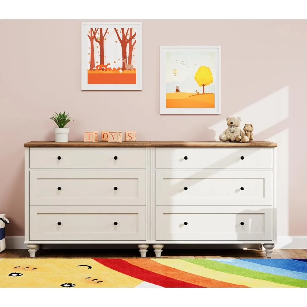 寝室用6段引き出し付きホワイトドレッサー、幅広引き出し付き木製ドレッサー、ミッドセンチュリーモダン木製クローゼット収納