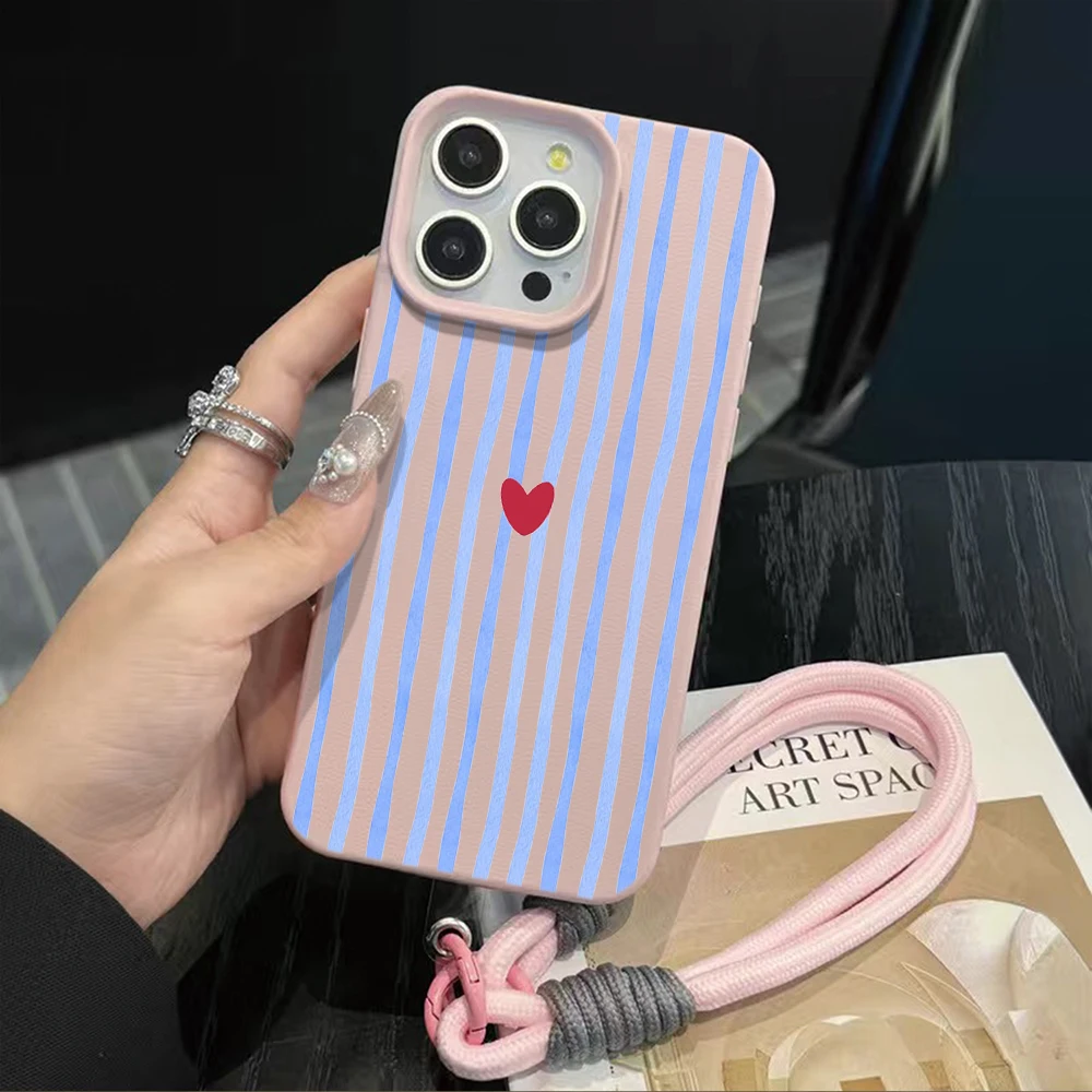 Vertical Stripes Hearts Phone Case For iPhone 17 16 15 14 13 12 11 Pro Max 16 15 14 Plus 17Air With Lanyard Silicone Matte Cover - view 6