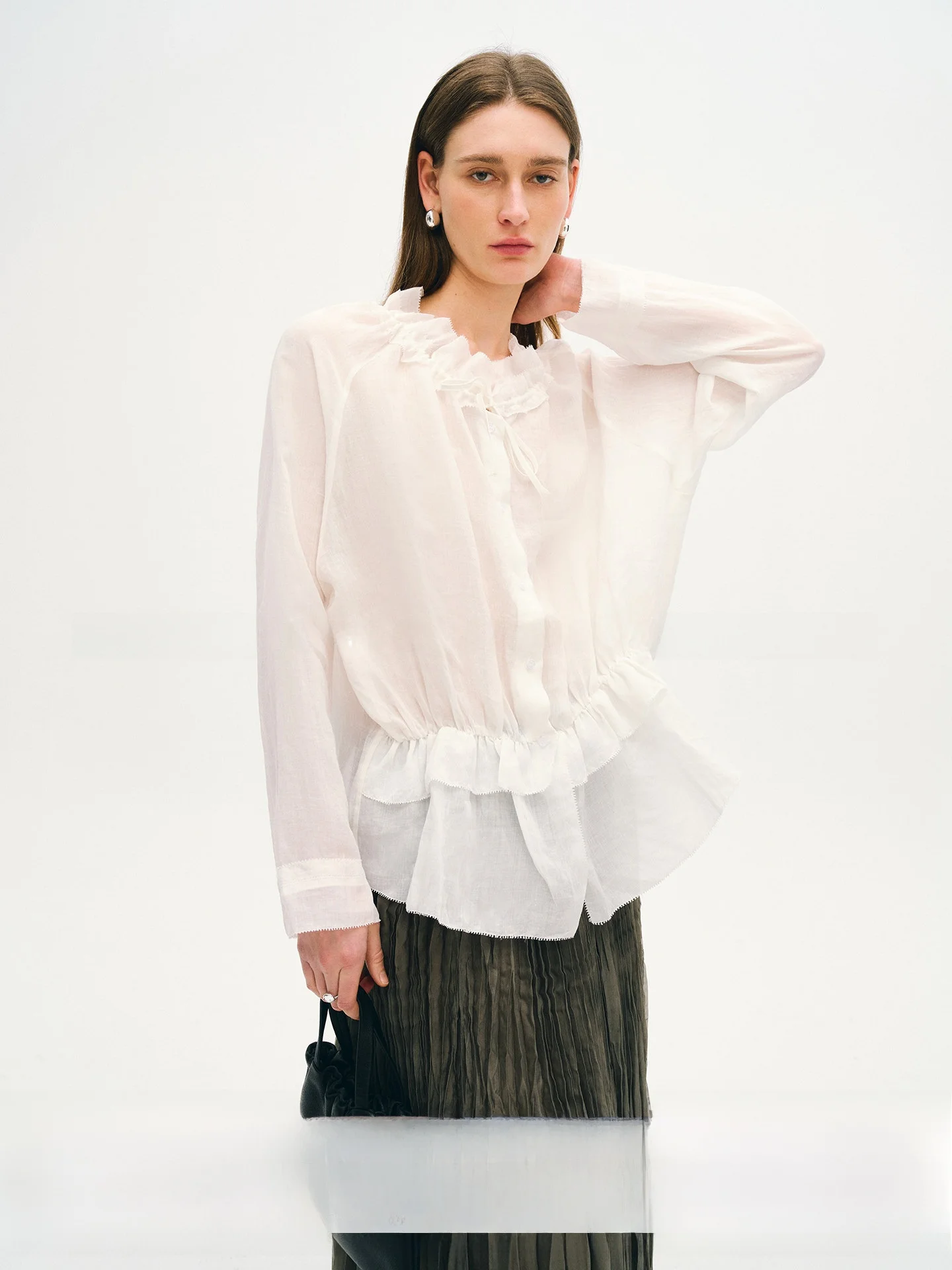 

Ultra-Thin Flax round Ne irt with Belt Design ChicJane Exclusive Slimming Effect l Sle Women's Long Sve irt