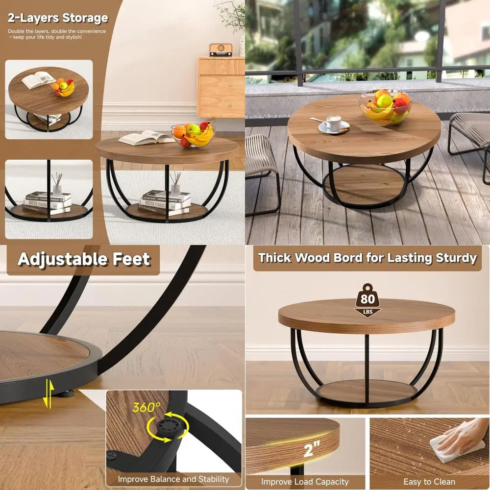 

Modern 2-Tier Round Coffee Table, 31 Storage Wood Center Table, Steel Frame, Space-Saving for Living Room Decor (Brown)
