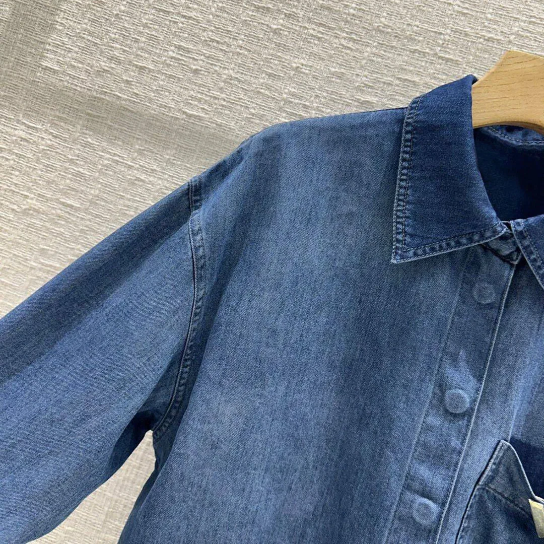 2024 New Spring Fashion Cotton Blue Denim Shirt Women Lapel Long Sleeve Front Pocket Short Design T-shirt Designer Tops