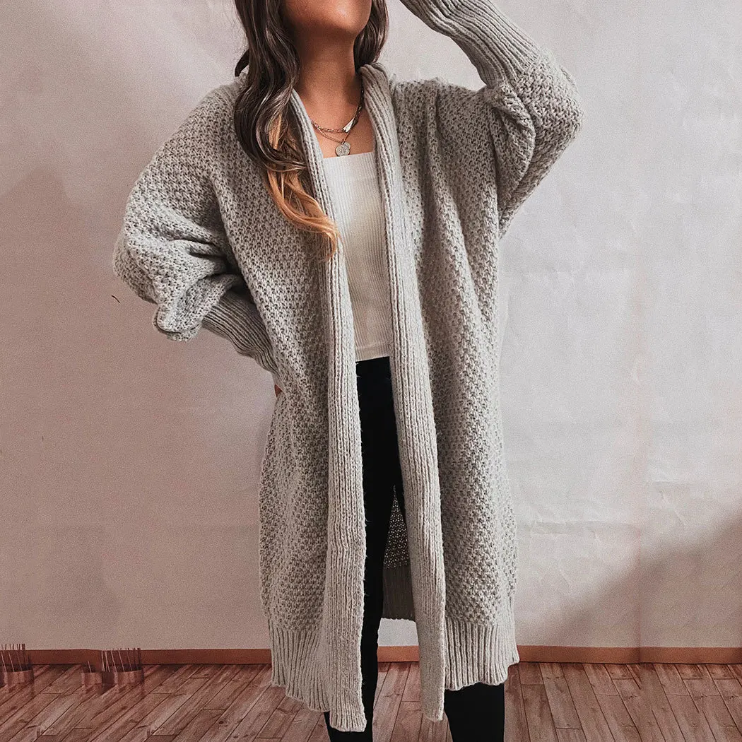 2023 Loose Solid Bat Sleeve Scarf Collar Lapel Knitted Long Cardigan Sweater Coat Women