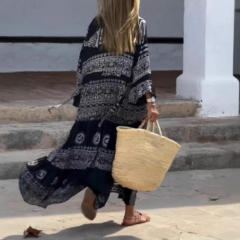 Vestido bohemio con estampado étnico para mujer, vestido Vintage de manga larga con cuello en V, holgado, para vacaciones, Festival, corte en A, vestido camisero elegante