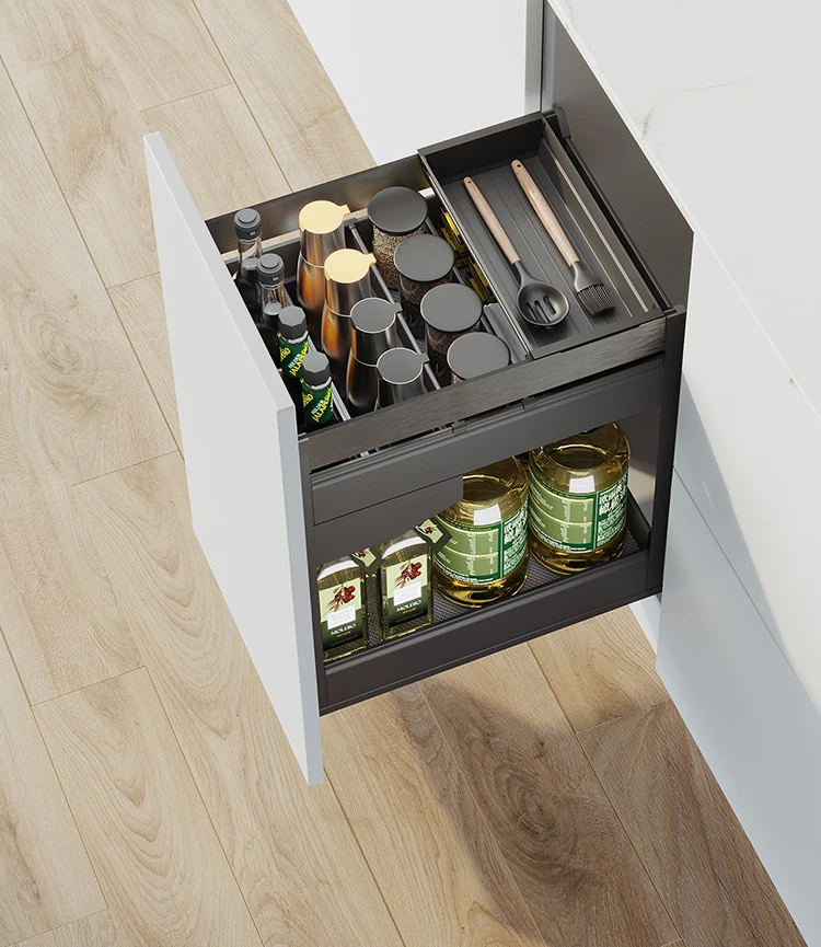 

Built in drawers for storing seasoning baskets, double layered seasoning baskets in cabinets