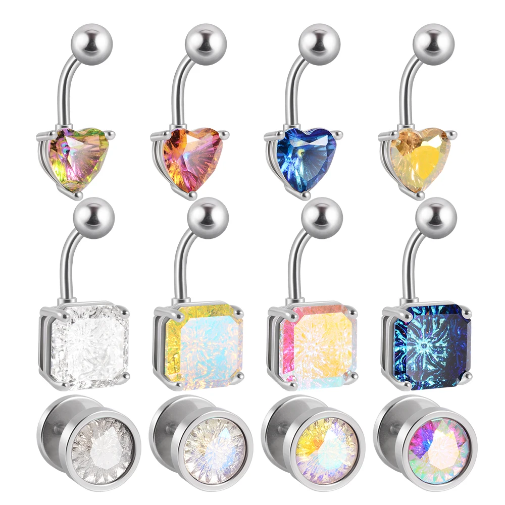 1Pc Surgical Steel Crystal Belly Button Piercing Square Heart Zircon Navel Rings Ear Fake Plug Cheater Expander Gauge Earrings