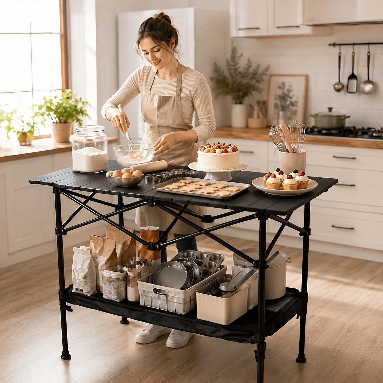 Height-adjustable Foldable Baking Prep Table with Storage Mesh Pocket, Multi-functional Foldable Outdoor Camping Kitchen Workbench, Height-adjustable Pastry Baking Work Table with Storage, Wide Tabletop with Storage Mesh Pocket