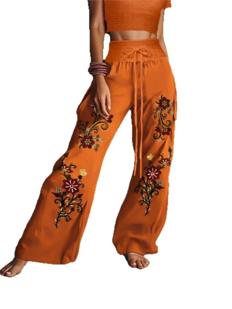 

Leisure Flower Print Pant For Woman Spring Autumn Fashion Elastic Waist Lacing Design Trousers Ladies Hot Style Versatile Pants
