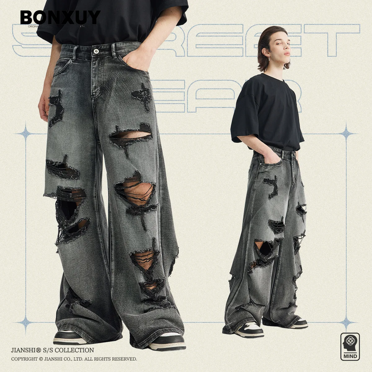 

BONXUY Black ripped jeans men's loose distressed wide-leg pants American high street straight-leg floor mopping pants