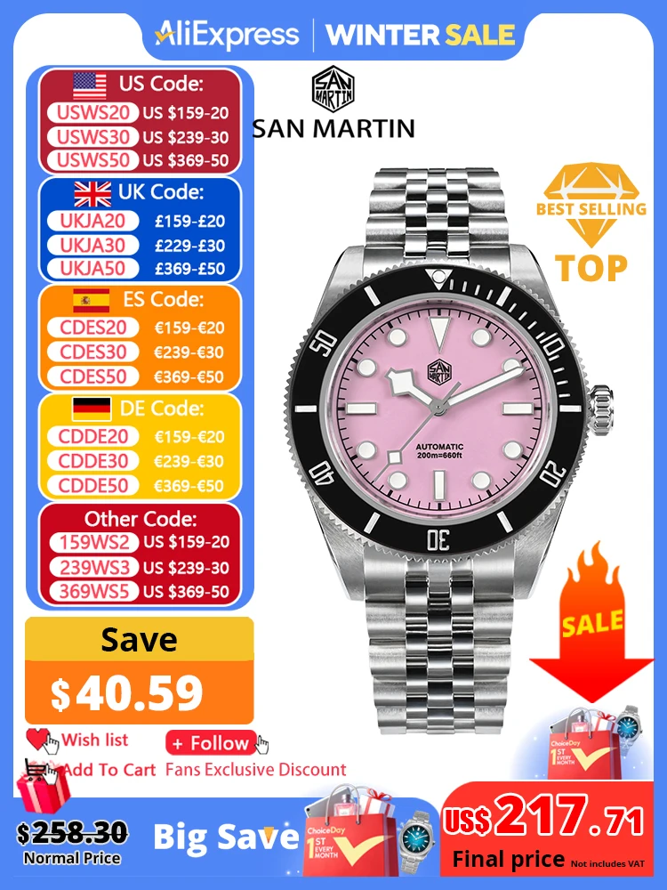 San Martin 40mm rosa BB Diver reloj NH35 marca superior clásico de lujo para hombres mecánico automático zafiro impermeable 200m SN0128