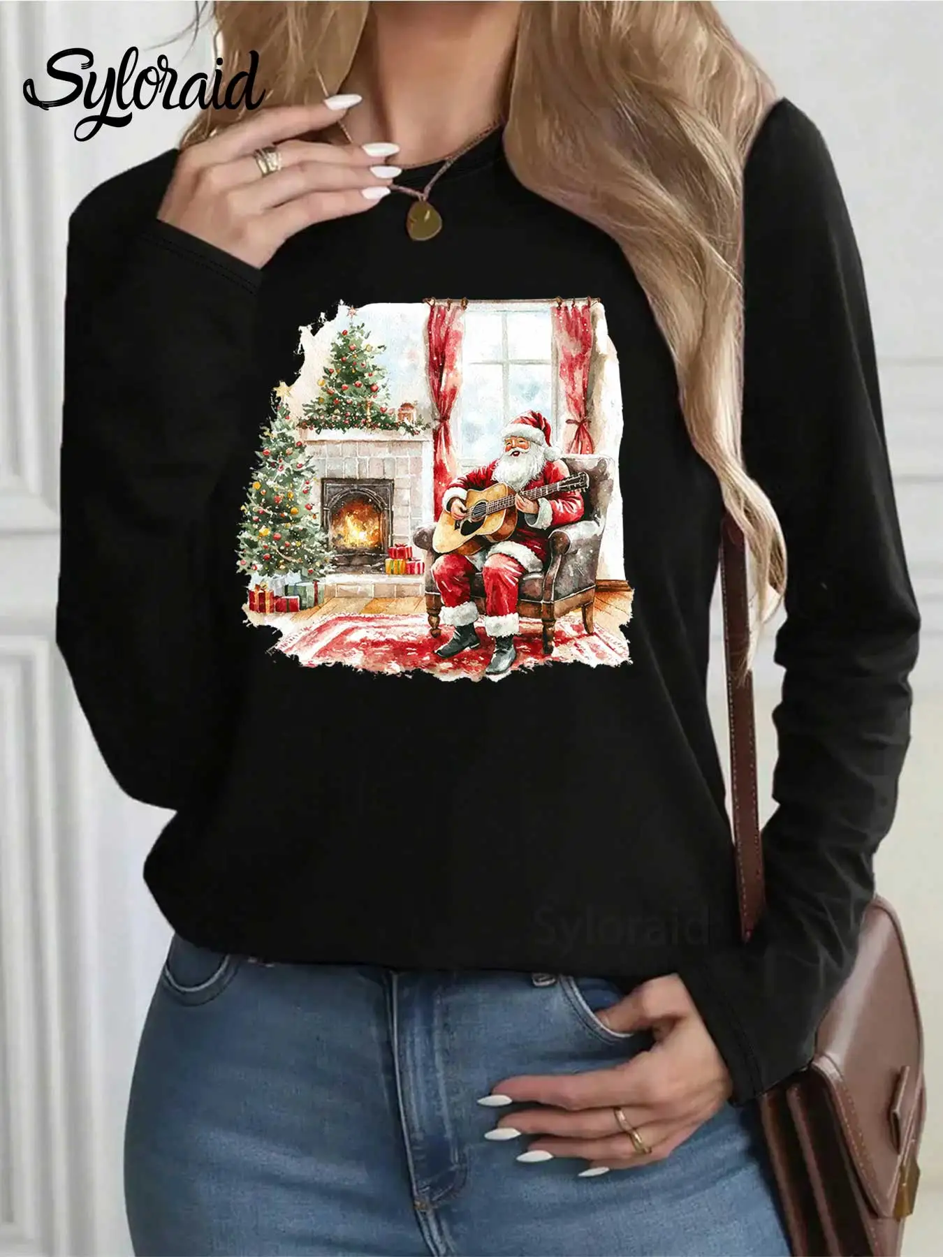 تي شيرت نسائي طويل الأكمام لعيد الميلاد سانتا كلوز يلعب الجيتار جرافيك تي شيرت عصري برقبة دائرية كاجوال #2