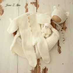 Newborn knitted romper hat blanket bear outfit for photography posing layer footed jumpsuits solid color