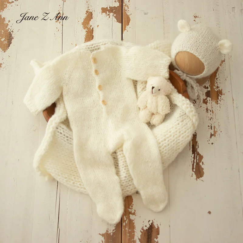 Newborn knitted romper hat blanket bear outfit for photography posing layer footed jumpsuits solid color