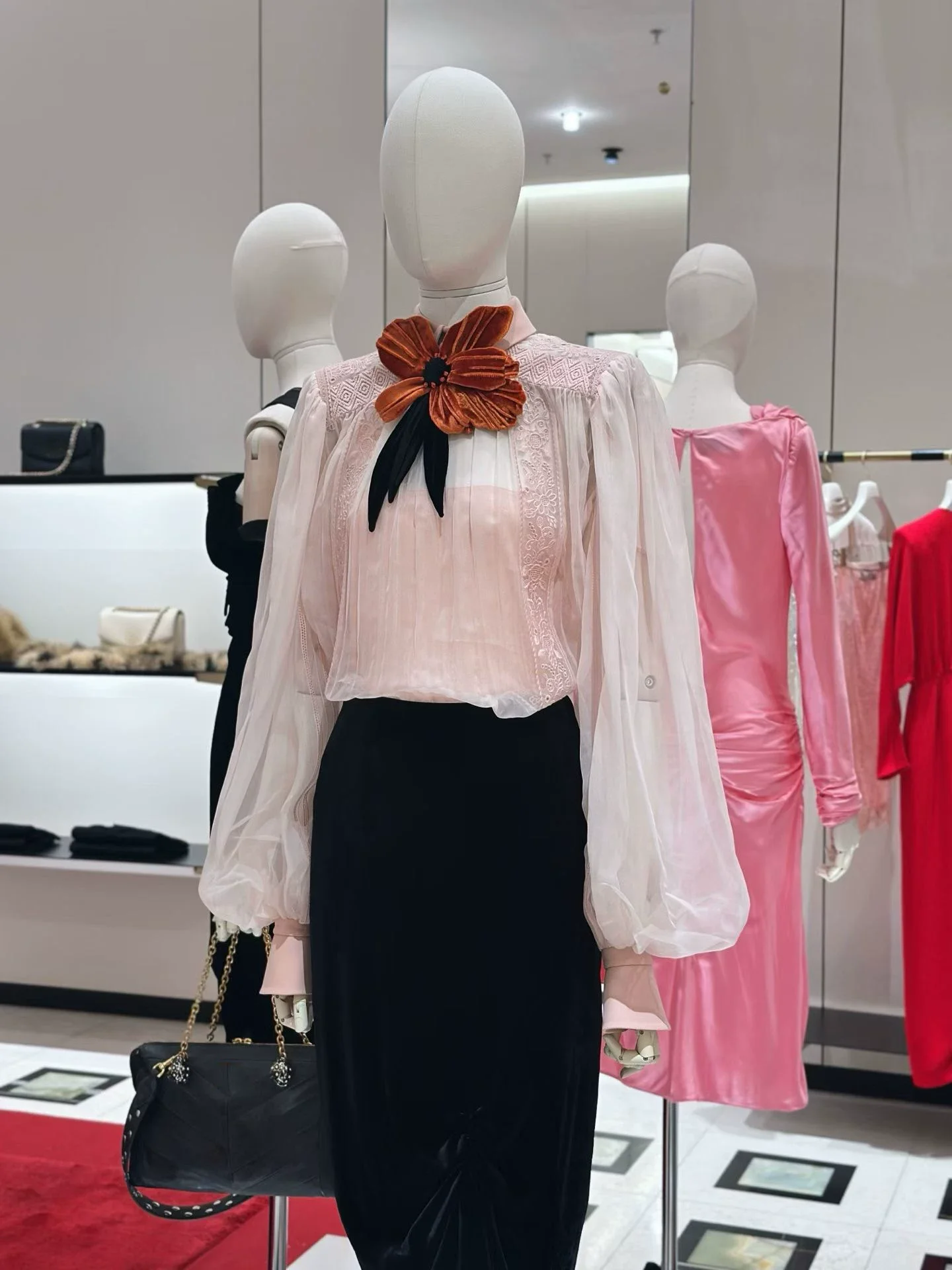 Sexy Transparent Women's Silk Organza Romantic Pink Blouse Handmade Velvet Flowers Lantern Sleeve Lace Embroidered Shirt